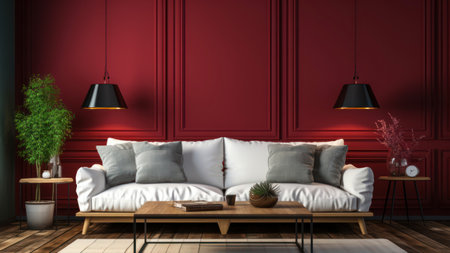 interior with red wall, 3d render illustration mock-upの素材