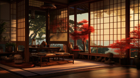 Japanese style dining room with window viewの素材
