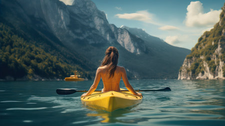 Young woman kayaking on lake in mountains. Rear view. Concept of active lifestyle.の素材