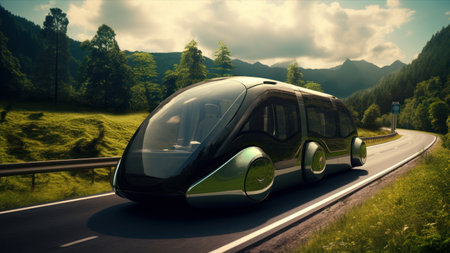Modern electric car on the road in the mountains. 3d renderingの素材