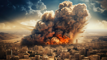 Image of a big explosion with smoke and flames in the city.の素材