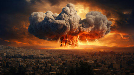 3d illustration of a huge explosion with a large cloud of smokeの素材