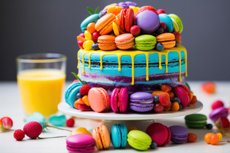 Colorful macaroon cake and glass of fresh orange juice.の素材