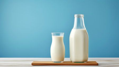 Milk bottle and glass on blue background.の素材