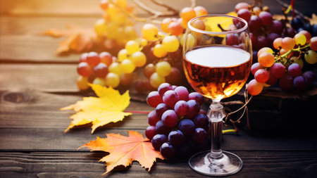 Glass of red and white wine and grapes on a wooden table.の素材