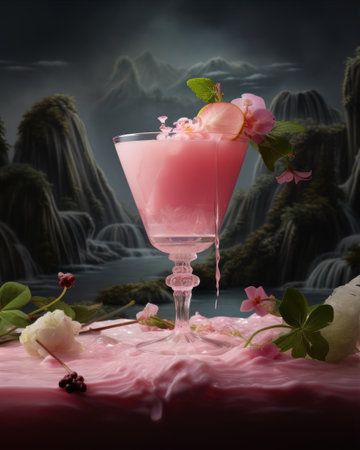 pink cocktail with ice cream and pink flowers on a dark backgroundの素材
