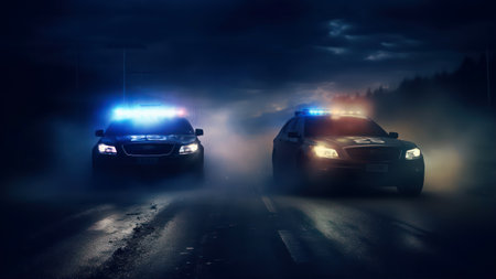 Police cars on the road at night with fog in the background.の素材