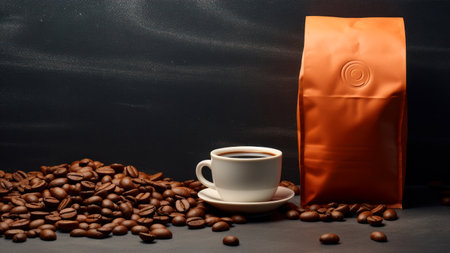 Coffee beans and a coffee bag on a black background.の素材