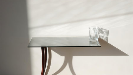 Glass of water on a black table in sunlight with shadow on the wallの素材