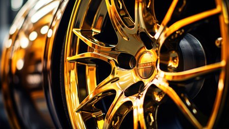 Closeup of a golden alloy wheel of a sports car. Selective focus.の素材