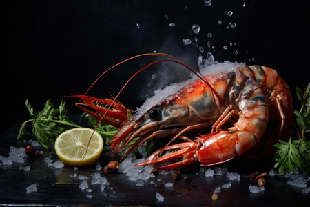 Boiled langoustines with lemon and herbs on a black backgroundの素材