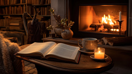 Open book, a cup of coffee and a candle on a wooden table in front of a fireplaceの素材