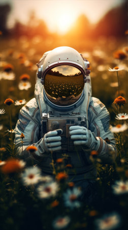 Astronaut in the field of daisies with a cameraの素材
