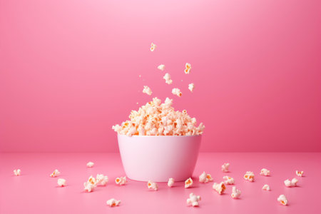 Popcorn falling into bowl on pink background, food and drink conceptの素材