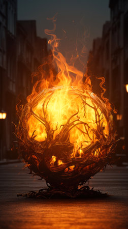 Fire ball on the street at night. Conceptual image. 3d rendering.の素材