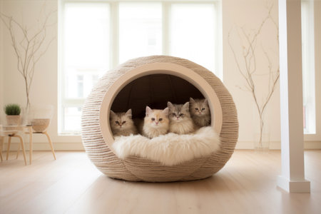 Cute kittens in cat house, closeup. Pet care conceptの素材