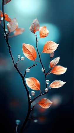 Autumn branch with leaves and pearls on dark blue background.の素材