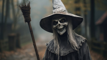 Scary ghost girl in halloween costume with broom in the forestの素材