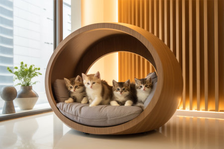 Cute little kittens sitting in a round chair in the room.の素材