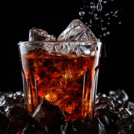 Whiskey with ice cubes on dark background. Close up.の素材
