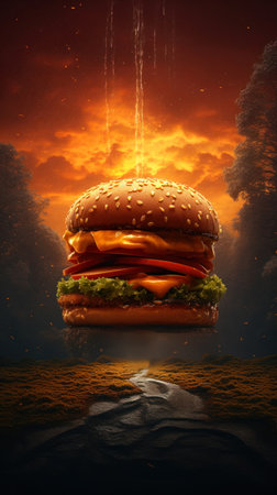 Hamburger in the dark with clouds of smoke, 3d illustrationの素材