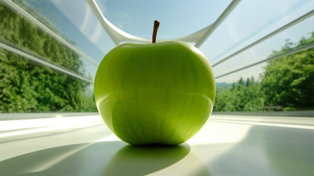 Green apple on a white table in front of the window. 3d renderの素材