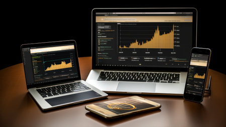 Laptop, smartphone and tablet pc with stock market data on screenの素材