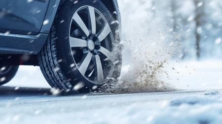 Snowy winter road with car wheel and snowflakes. Snowfallの素材
