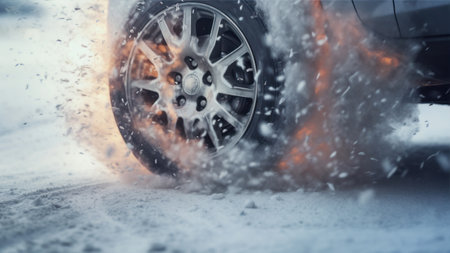 Car in the snow on a winter road. Winter tires close-up.の素材