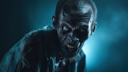 Portrait of a scary zombie looking at camera on a dark backgroundの素材