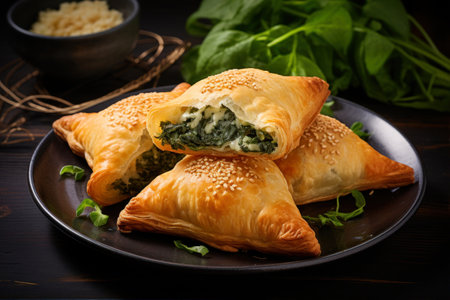 Baked puff pastry with spinach and ricotta on black wooden backgroundの素材