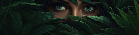 Beautiful woman face with green leaves. Natural beauty and health concept.の素材