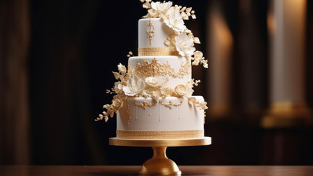 Wedding cake decorated with gold ornaments and flowers.の素材