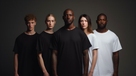 Group of young men and women in black t-shirts posing in studioの素材