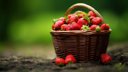 Strawberries in a wicker basket on the ground in the gardenの素材