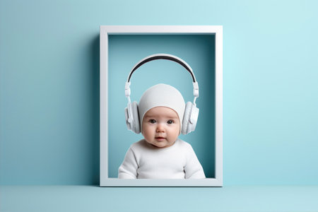 Cute baby listening to music with headphones and looking through the windowの素材