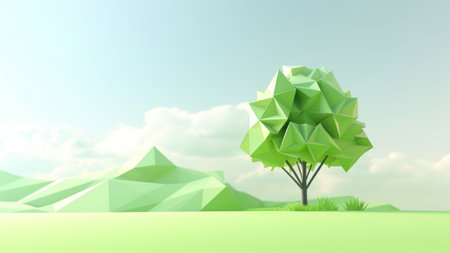 3d rendering of green low poly tree on blue sky background.の素材
