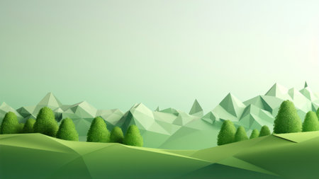 3d illustration of low poly landscape with mountains, trees and grassの素材