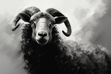 Digital painting of a ram head with big horns, black and whiteの素材
