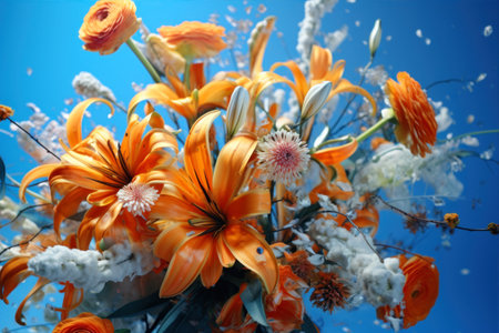 Bouquet of orange lilies and gerberas against blue skyの素材