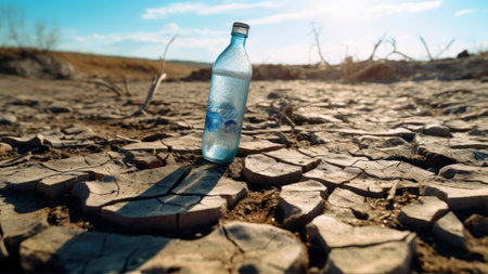 Plastic bottle on dry cracked earth. Global warming and climate change conceptの素材