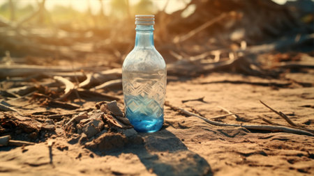 Bottle of water on the ground in the desert. Environmental pollution concept.の素材