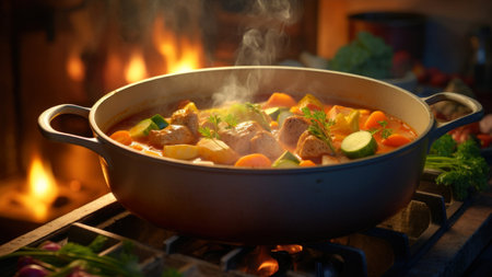 Meat stew with vegetables and spices in a pot on the background of the fireplaceの素材