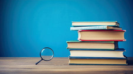 Stack of books and magnifying glass on wooden table against blue backgroundの素材