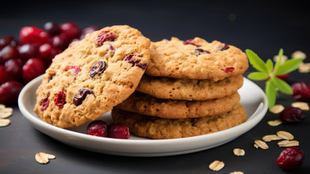 Oatmeal cookies with cranberries and oat flakes on black backgroundの素材