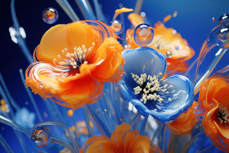 Orange poppies and water drops on blue background. 3d illustrationの素材