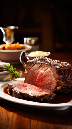 roast beef with sauce and French fries on a wooden table.の素材