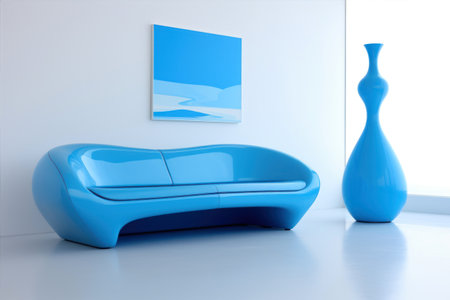 Blue sofa with blue vase on the white floor. 3d renderの素材