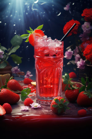 Strawberry lemonade with ice and fresh berries on dark backgroundの素材
