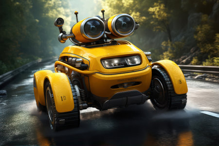 3D rendering of a yellow monster truck on the road in the forestの素材